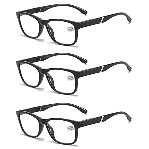 MMOWW Leesbril voor heren en dames, verpakking van 3 stuks, ultralichte bril met veerscharnieren (zwart, +2.0)