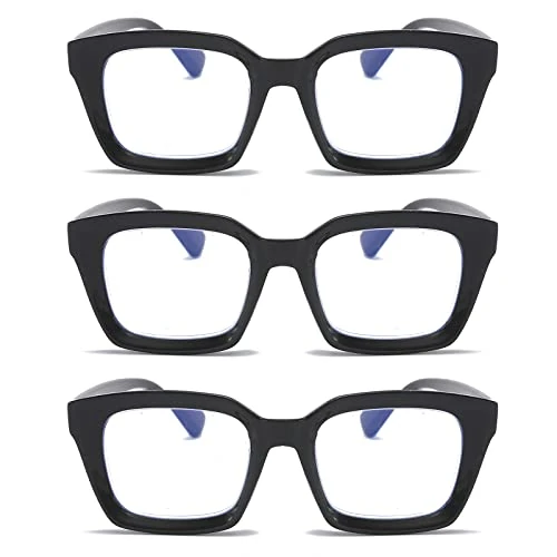 MMOWW Set van 3 leesbrillen rechthoekig - oversized, vierkant frame, anti-licht, blauw, dames en heren (zwart, +3.0)