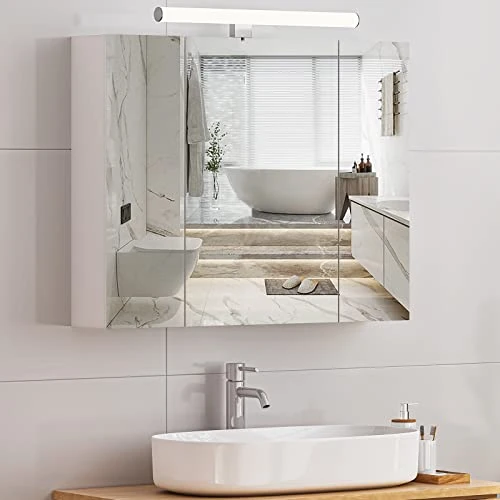 Offerta a tempo: DICTAC Armadietto Bagno con Luce,Specchio Bagno Contenitore con Illuminazione Led e Presa 70x60x15 cm Armadietto con Specchio e 3 Ante e Conservazione Mobile bagno con specchios,Bianco - 27% da 119.98 € a 87.46 €