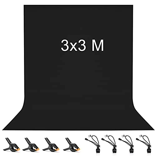 Vevelux Photography Background 3 x 3 m, Photo Background Made of 100% Polyester with 4 Large Studio Clamps & 4 Tarp Clips, Black Screen for Photo Studio, Video and TV