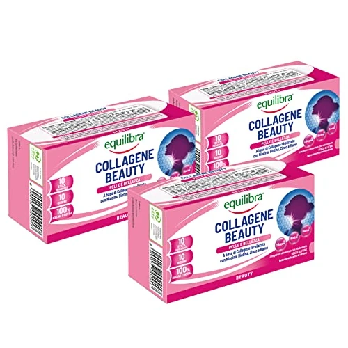 Equilibra Integratori Alimentari, Collagene Beauty, Integratore per la Pigmentazione della Pelle a Base di Collagene Idrolizzato, Rame e Zinco, Senza Glutine, 3 Pezzi da 10 Stickpack Monodose