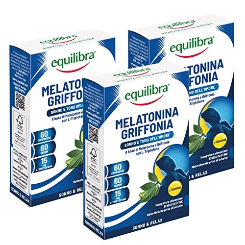 Offerta a tempo: Equilibra Integratori Alimentari - Melatonina + Griffonia - 3 Confezioni x 60 Compresse (180 Compresse) — 33% da 20,52 € a 13,72 €