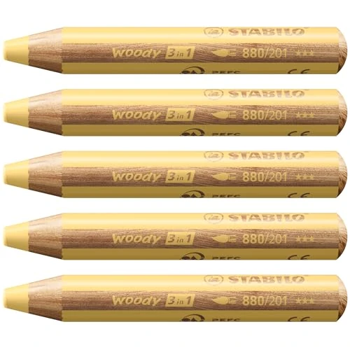 Kredka, farba wodna i kreda świecowa - STABILO woody 3 w 1 - opakowanie 5 szt. - pastelowa żółta