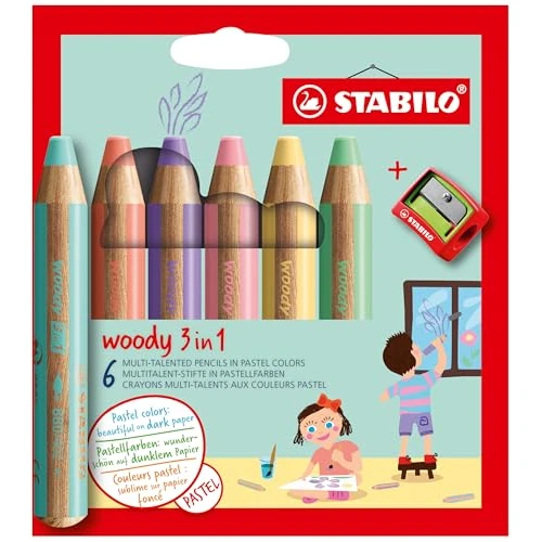 Offerta a tempo: STABILO woody 3 in 1 - Matita colorata Multi-Funzione - Astuccio da 6 - con Temperino - Colori Pastello assortiti - 36% da 18.45 € a 11.90 €