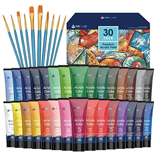INK LAB Acrylfarben Set 24 x 36 ml, Acrylfarbe mit 10 hochwertige Pinseln, acrylic paints mit hoher Viskosität und starker Deckkraft, Ideal für Leinwand, Holz, Papier, Stoffe, Anfänger und Profi