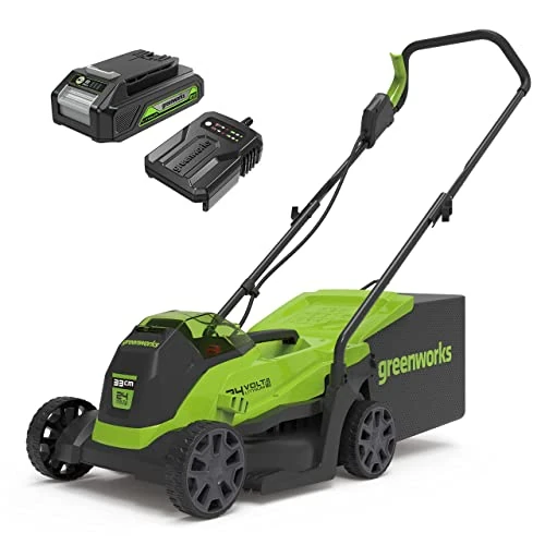 Greenworks GD24LM33K2 Tondeuse à Gazon Sans Fil avec Moteur Sans Brosse pour Petites Pelouses Jusqu'à 140m², Largeur de Coupe 33 cm, Sac de 30L, INCLUS Batterie 24V 2Ah et Chargeur, Garantie 3 Ans