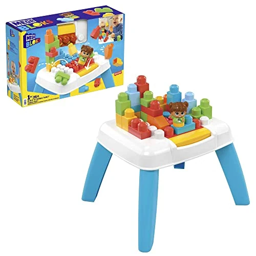 MEGA - MEGA BLOKS Tavolino Blocchi a Caduta, set con 2 funzioni di caduta, 23 blocchi da costruzione grandi e 1 personaggio Block Buddies, Giocattolo per Bambini 1+ Anni, HHM99