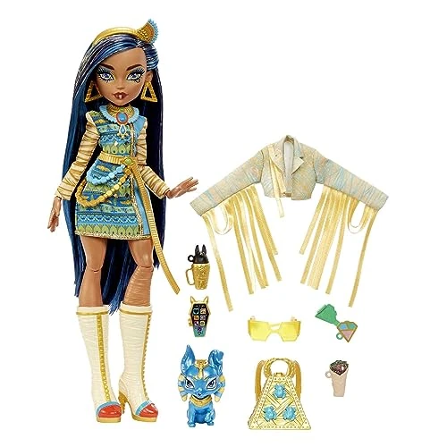Offerta a tempo: Monster High - Cleo de Nile, bambola snodata alla moda, dai capelli con ciocche blu e oro, con accessori e cagnolino, Giocattolo per Bambini 4+ Anni, HHK54 - 25% da 42.71 € a 32.13 €