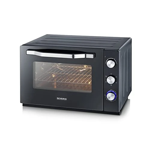 SEVERIN XXL oven with rotating heat 60 L, oven with pizza stone and spit 2,200 W simple and elegant design, electric oven with timer 120 min, black/stainless steel, TO 2073