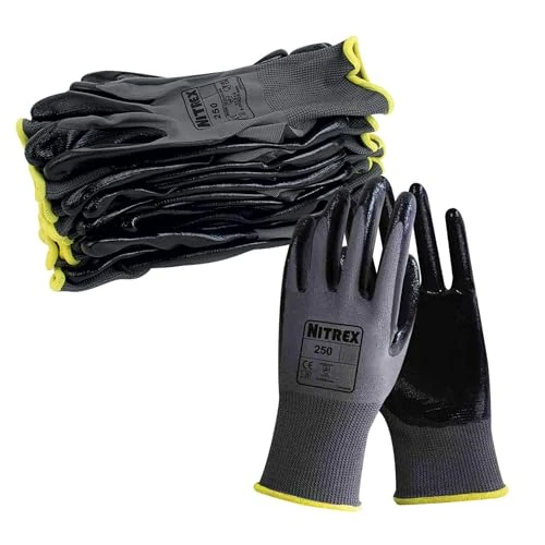 Offre limitée : NITREX 250 Gants de travail - Gants de sécurité pour la manutention générale, enduction nitrile résistante à l'abrasion sur la paume, protection mécanique et industrielle - 10 paires - Taille 9 de 19.28 € à 19.28 € (0.00% de remise)