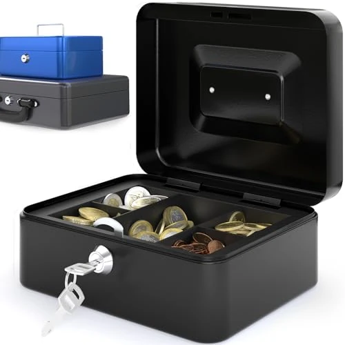 ACROPAQ Cassetta di sicurezza per soldi piccola - (20,5 x 16 x 9 cm), Cassetta porta soldi con contamonete, Struttura in acciaio, Con 2 chiavi incluse, Nero - Cassetta portavalori, Porta banconote