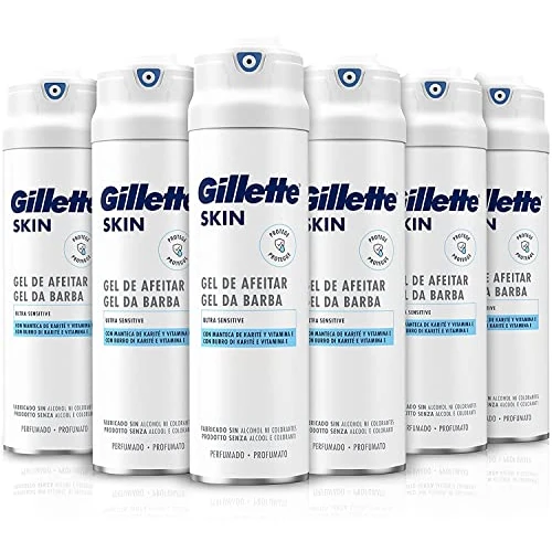 Gillette SKIN Ultra Sensitive scheergel, 6 stuks à 200 ml, beschermt, kalmeert en verfrist, met geurende en aangename formule, sheaboter en vitamine E, zonder kleurstoffen en alcohol