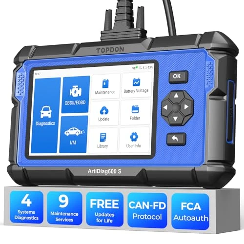 TOPDON Valise Diagnostic Auto AD600S, Diagnostic Voiture pour 4 systèmes et 9 Réinitialisations(Huile, BMS, ABS, SAS, EPB, DPF, TPMS, régulation de l'accélérateur), Mise à Jour Gratuite