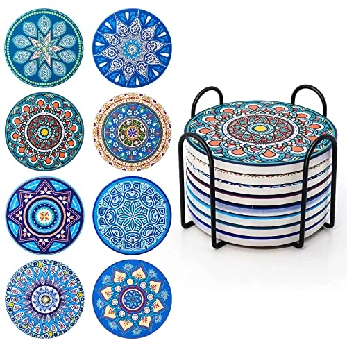 Posavasos para Bebidas, Juego de 8 Posavasos de Corcho Cerámica, con Soporte de Metal de 4 Pulgadas, Diseño de Mandala para Tazas, Jarrones, Velas, Regalo de Inauguración para Cumpleaños, Salón