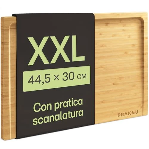 Offerta a tempo: Praknu Tagliere da Cucina in Legno Grande XXL - con Scanalatura Per Succhi - Reversibile Tagliere In Bambù Massiccio FSC® - Utilizzabile su Entrambi i Lati - 11% da 18.99 € a 16.99 €