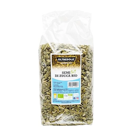 Oltresole, Bio-Kürbiskerne geschält 1 kg, Bio-Ölsaaten roh, nicht geröstet und ungesalzen, ideal als Snack oder für Salate, ideale Packung für Familien