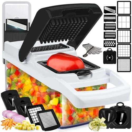 Offerta a tempo: Tritatutto 25 in 1 e affettatrice a mandolina - Tritatutto con contenitore - Tagliaverdure, affettatrice per insalata, cipolla, patate e pomodoro - gadget da cucina - 13 lame - 10% da 33.99 € a 30.68 €