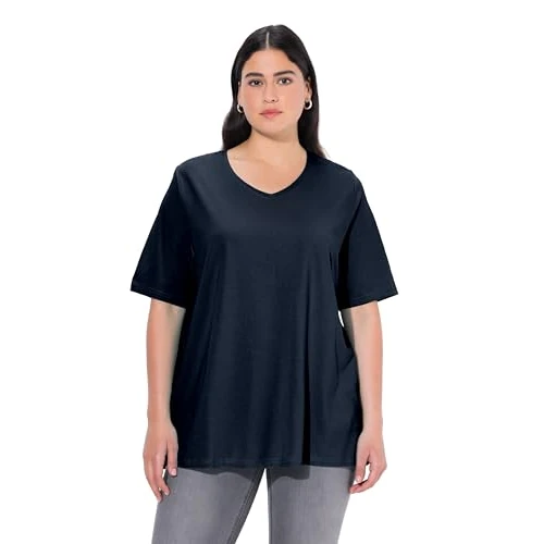 Oferta limitada: Ulla Popken Camiseta de Manga Corta con Cuello en V para Mujer, Marine, 62-64 de 25.99 € a 19.99 € (ahorro 23.09%)