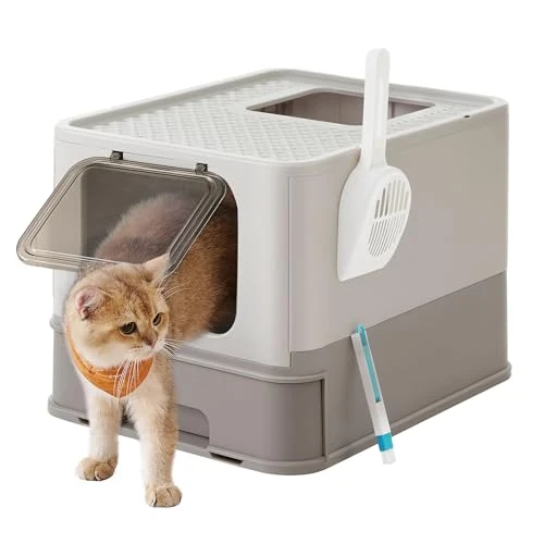 Limited-time offer: FEANDREA Cat Litter Box with Lid, Covered Litter Box with Top Entry, Slide-Out Tray, Scoop, Brush, for Large Cat, Max. Load 33 lb, Anti-Tracking, Anti-Leaking, Oatmeal and Warm Gray PPT001G01 from 39.99 GBP to 29.99 GBP (save 25%)
