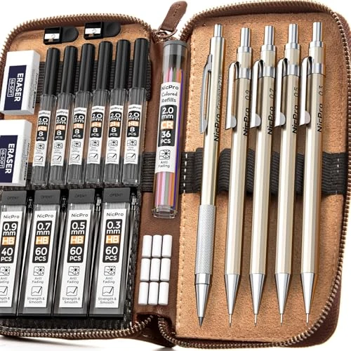 Offerta a tempo: Nicpro 5 pezzi matite meccaniche set in custodia in pelle, portamine da 0,3 0,5 0,7 0,9 e 2 mm, (6B 4B 2B HB 2H 4H), ricariche di mina (nere e colorate), matita per schizzi e disegno artistico - 0.00% da 24.99 € a 24.99 €