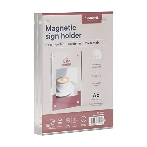 Oferta limitada: EUROPEL Soporte magnético para letreros A6, vertical u horizontal, acrílico, 2 x 10 mm, soporte para menús y folletos para restaurantes, hoteles, conferencias y recepciones, de pie y de doble cara de 15.89 € a 15.89 € (ahorro 0.00%)