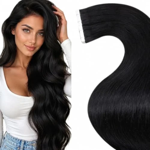 Offerta a tempo: LaaVoo Extension Capelli Veri Biadesivo 40cm 20pcs, Nero Jet, Capelli Remy Lisci, Invisibili, per Uso Quotidiano, 40g Colore 1 - 24% da 34.99 € a 26.59 €