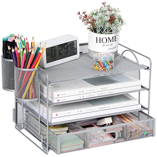 Offerta a tempo: Vikmyer Organizer per File Desktop a 4 Vassoi, Organizer per Scrivania in Rete per Ufficio, Organizer per Documenti, Vassoio per Lettere con Cassetto per Ufficio a Casa(2 portapenne) - 40% da 36.99 € a 22.19 €