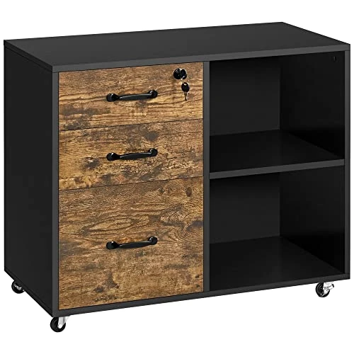 Offerta a tempo: Yaheetech Armadietto Portadocumenti Schedario da Ufficio in Legno con 3 Cassetti Mobile Porta Stampante con Scomparti Mobiletto da Archivio con Ruote 80 x 40 x 65,5 cm Marrone e nero - 23% da 74.99 € a 57.99 €