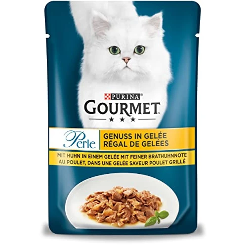 Gourmet Perle Genuss in Gelee karma dla kotów mokra z kurczakiem i delikatną nutą smażonego kurczaka, opakowanie 26 sztuk (26 x 85 g)