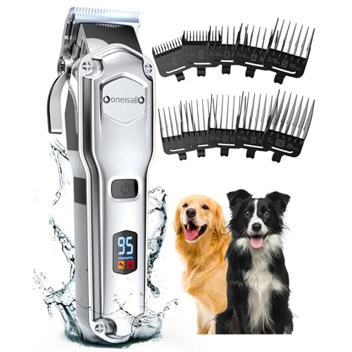 oneisall Premium Maquina Cortar Pelo Perros, IPX7 Todo el Cuerpo Lavable Maquinilla Inalámbrico Cortapelos Apta para largo y pelo grueso (plateado)