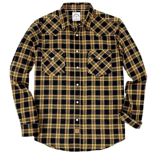 Dubinik® Mens Flannel Shirts Long Sleeve Pearl Snap Buttons Western Cowboy Vintage Work Casual with Pockets Plaid Shirt Yellow Black