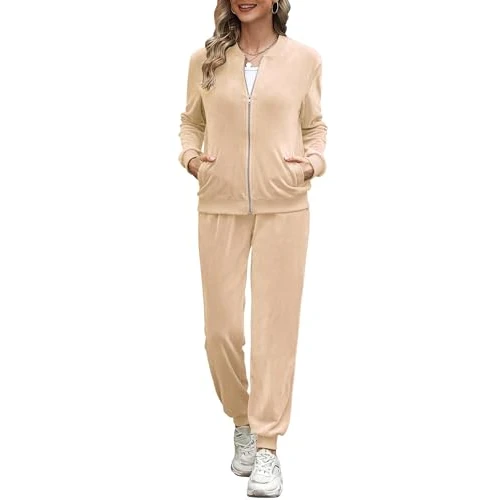Irevial Hausanzug Damen Trainingsanzug Set Jogginganzug Velour Sportanzug Anzug 2Teilig Freizeitanzug Oberteil Hose Langarm Zipper Lange Sporthose alle Jahreszeiten Creme XL