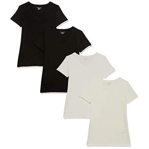 Amazon Essentials T-shirt a Maniche Corte con Vestibilità Classica (Opzioni Girocollo e Scollo a V) Donna, Pack of 4, Nero/Bianco, L