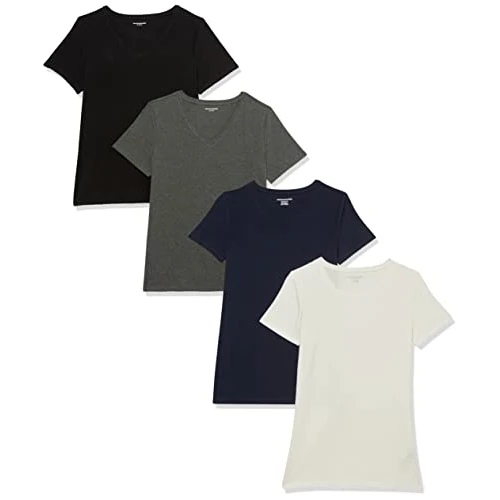 Offerta a tempo: Amazon Essentials T-shirt a Maniche Corte con Vestibilità Classica (Opzioni Girocollo e Scollo a V) Donna, Pack of 4, Bianco/Blu Marino/Carbone Puntinato/Nero, M - 41% da 24.60 € a 14.60 €