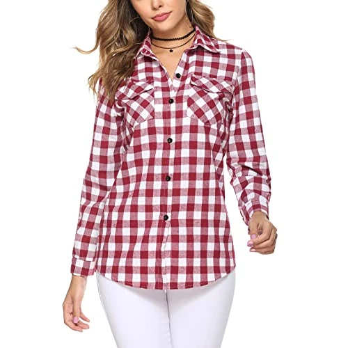 Irevial​​ Blouses Chic Élégant Haut à Carreaux à Manches Longues Classique Saisons Haut DécontractéVin RougeXL