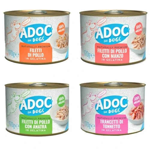 Offerta a tempo: ADoC Dog Cibo Umido per Cani MIX 4 - Trancetti di Tonnetto, Filetti di Pollo, Anatra e Manzo - 24 Lattine da 170gr - 0.00% da 40.99 € a 40.99 €