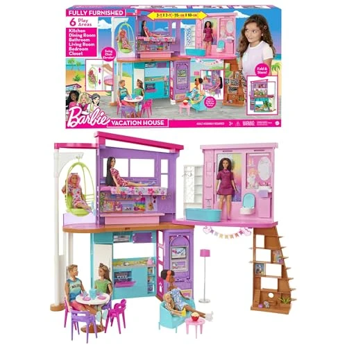 Offre limitée : Barbie Coffret La Maison de Vacances (107 cm) à 2 Niveaux, avec 6 pièces, 1 Fauteuil Suspendu Servant d’Ascenseur et Plus de 30 Accessoires, Jouet Enfant, Dès 3 Ans, HCD50 de 90.74 EUR à 90.74 EUR (remise 0%)