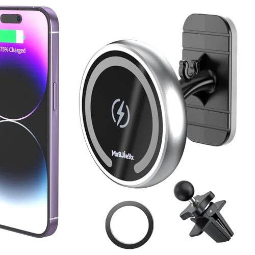 MAGJIEYX 15W Caricatore Wireless Auto per Magsafe, Ricarica Rapida Wireless Compatibile con iPhone 16,15,14,13,12,Pro Max,Mini, per Bocchetta Aria/Cruscotto Supporto Telefono Auto Argento