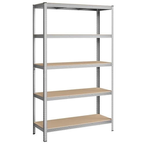 SONGMICS Scaffalatura a 5 Ripiani, Scaffale in Acciaio, Montaggio Senza Viti, Utensili, Strumenti in Garage, Magazzino, Ripostiglio, Portante 750 kg, 60 x 120 x 200 cm, Argento GLR060E01