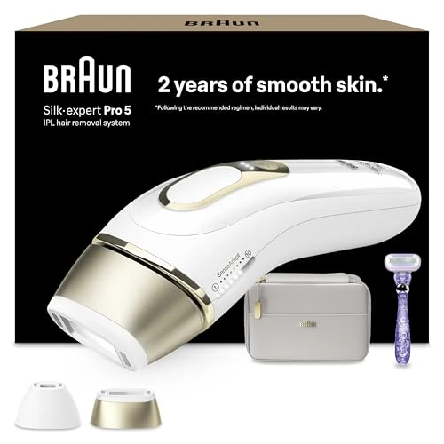 Braun IPL Silk Expert Pro 5 Hair Removal Device for Women/Men, 2 Attachments, Visible Hair Removal, Designed in Germany, Venus Razor, Alternative to Laser Hair Removal, PL5157, White/Gold