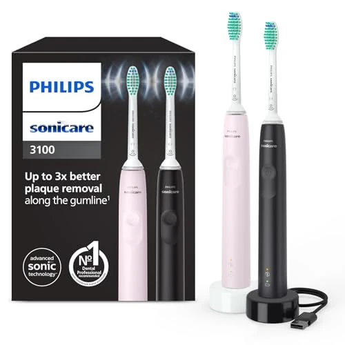 Offerta a tempo: Philips Sonicare 3100 spazzolino elettrico sonico, sensore di pressione e timer, colore rosa e nero, confezione doppia, HX3675/15, Sonicare 3100, Nero/Rosa - 23% da 70.99 € a 54.99 €
