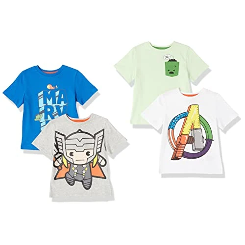 Amazon Essentials Disney | Marvel | Star Wars Boys' Short-Sleeve T-Shirts, Pack of 4, Marvel Icons/Logo, 10 Years