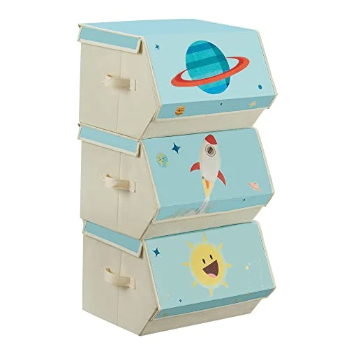 SONGMICS Cajas de Juguetes para Niños, Juego de 3 Cajas de Almacenamiento Apilables y Plegables, con Asas y Tapa Magnética, Habitación Infantil y Cuarto de Juegos, Tema del Espacio, Azul RLB700Q01