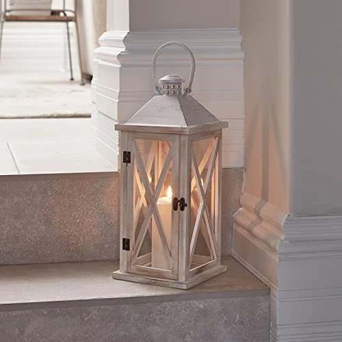 Lights4fun White Wooden Battery Operated LED TruGlow® Candle Lantern with Handle 42cm