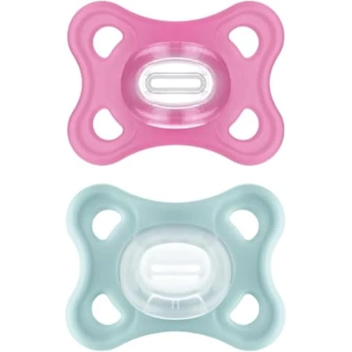MAM Comfort Soother 3-12 Months (Set of 2), MAM 3-12 Months Dummy Made of 100% Silicone with Unique Design, 2 Soft and Lightweight Baby Accessories Kit with Sterilizer Dummy Holder, Pink/Neutral