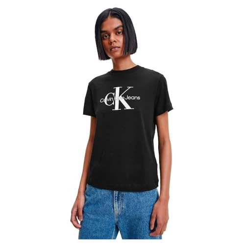 Calvin Klein Jeans Women Short-Sleeve T-Shirt Core Monologo Crew Neck, Black (Ck Black), M