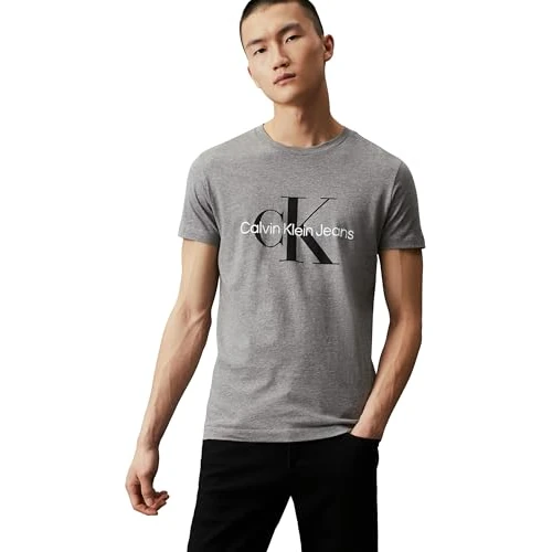 Calvin Klein Herren T-Shirt Kurzarm Core Monologo Slim Fit, Grau (Mid Grey Heather), L