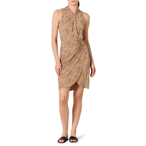 Limited-time offer: Amazon Essentials Women's Sleeveless Crossover Twist Neck Faux Wrap Dress Dress, -Light Camel, Animal, X-Small from $17.10 to $17.10 (save 0.00%)