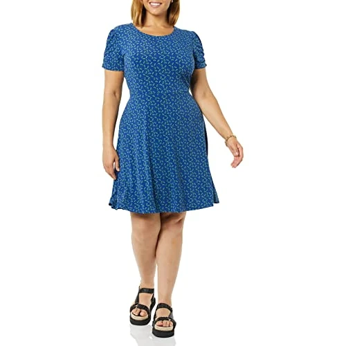 Oferta limitada: Amazon Essentials Vestido Acampanado con Cuello Redondo y Manga Corta Fruncida (Disponible en Tallas Grandes) Mujer, Azul Brillante Floral, XS de 11.26 € a 11.26 € (ahorro 0.00%)