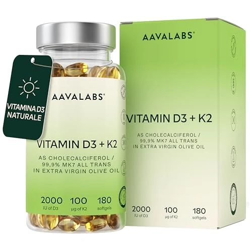 Offerta a tempo: Vitamina D3 K2 Alto Assorbimento Olio Extravergine d'Oliva - Vitamina D3 2000 UI + Vitamina K2 MK7 100 μg - Vitamina D 2000 UI e Vitamina K - 180 Capsule - 0.00% da 21.50 € a 21.50 €